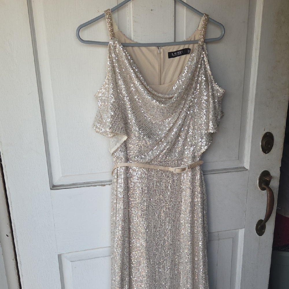 Ralph Lauren  Champagne Gold  Sequin Wedding Braidal Maid Gown Dress